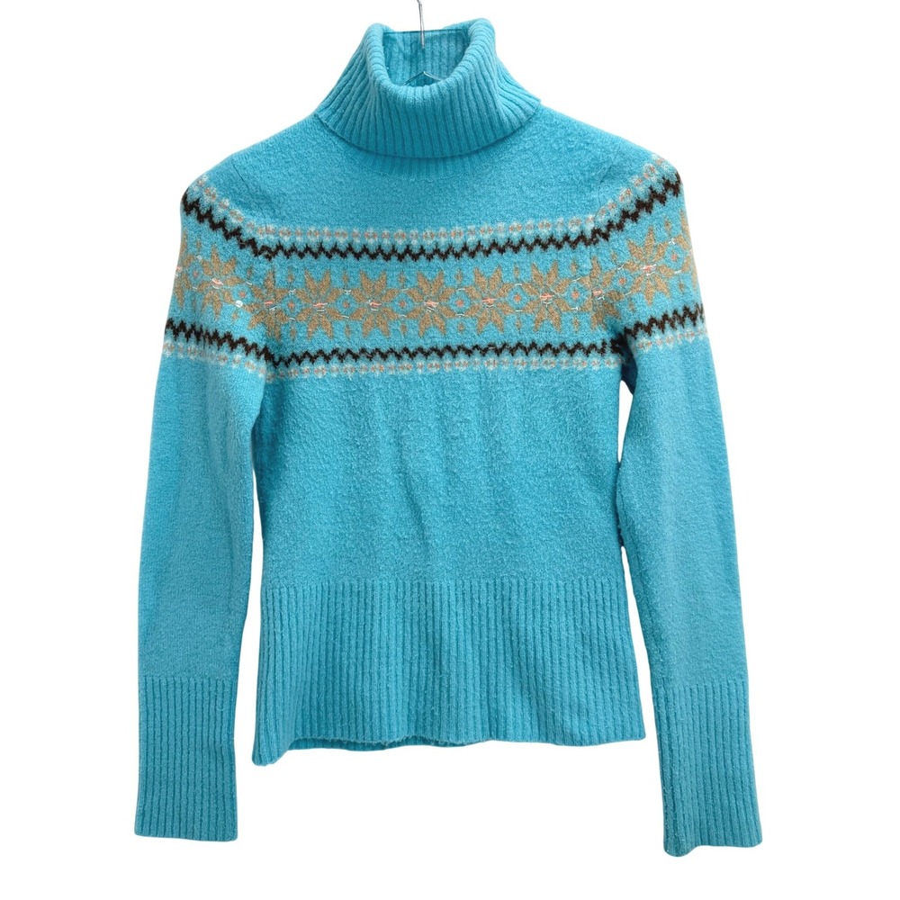 Y2K Arizona Jean Co Fair Isle Sweater Size M Snowflake Turtleneck Sequin Blue